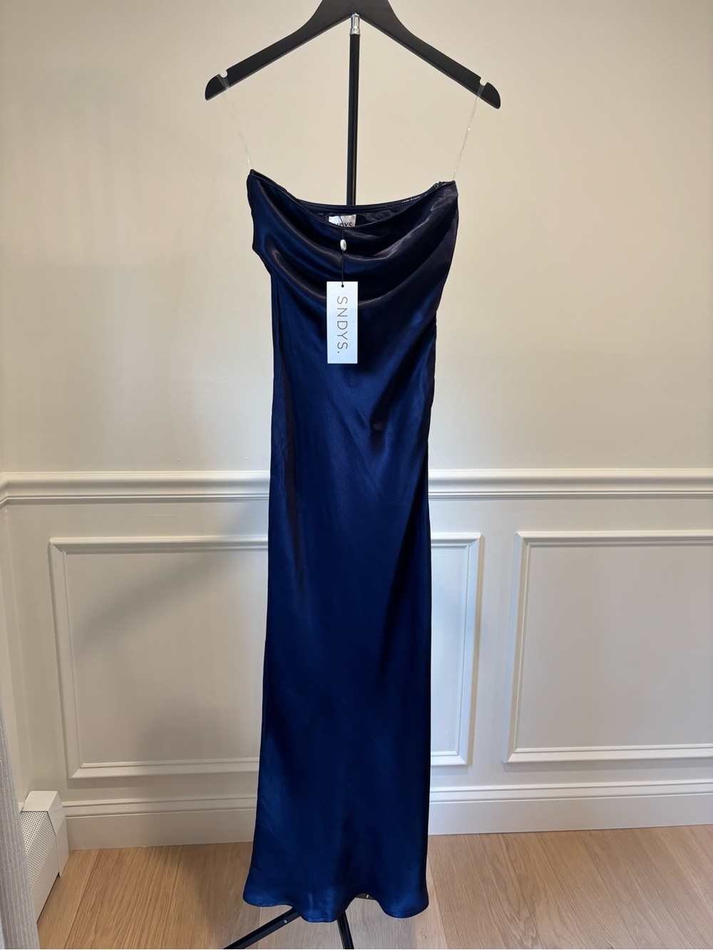 SNDYS Navy Satin Cowl-Neck Midi Slip Dress